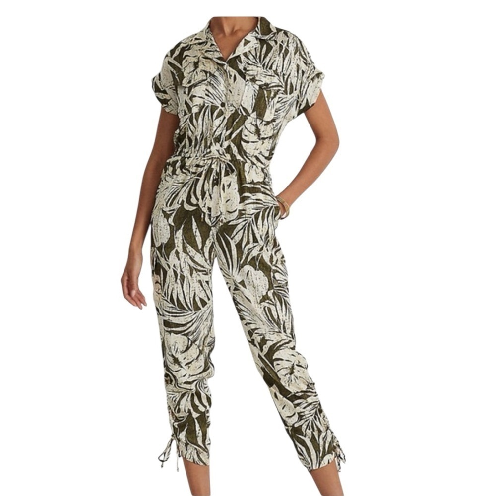 LAUREN RALPH LAUREN Safari Jumpsuit Palm Print Green/Cream Woman’s Size 16 NWOT